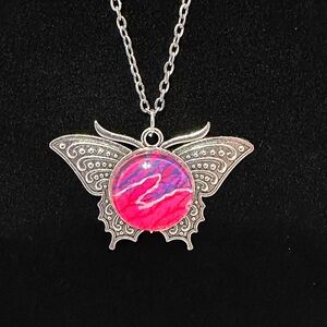 Silver Butterfly Necklace Set with Vibrant Pink Art in Center OOAK